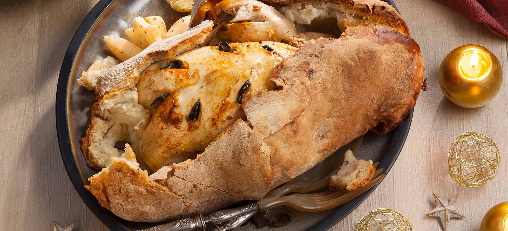 Poularde en coque de pain : recette à la truffe et au foie gras